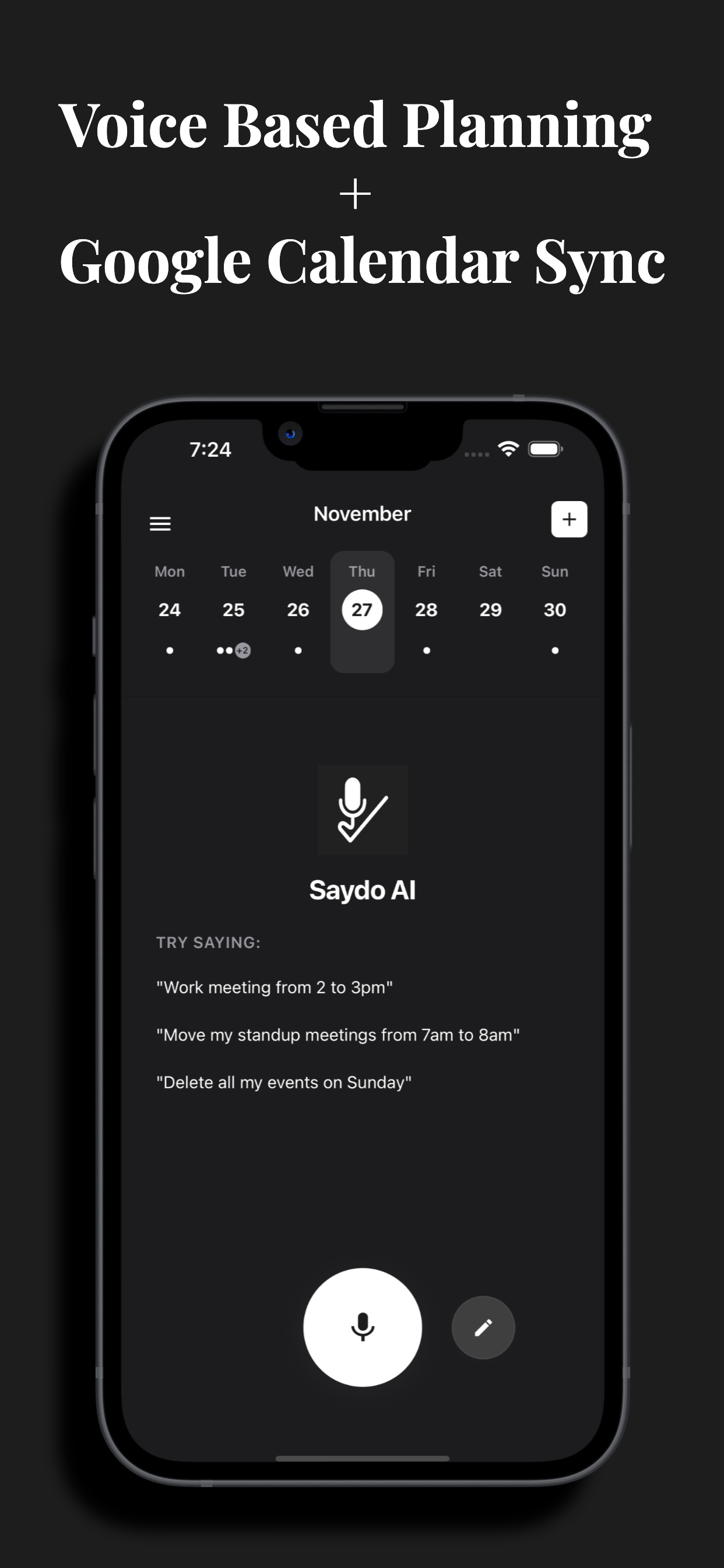 Saydo AI voice command interface showing calendar and task creation